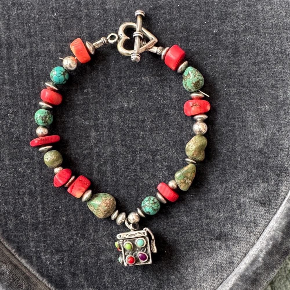 Handmade Sterling Silver Bracelet with Turquoise & Coral Natural Beads. 8”